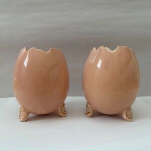 Vintage Cracked Egg Ceramic Vases Set of 2 Pink Gold Trim Three Footed Planters